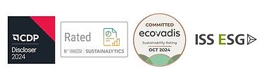 Badges der aktuellen ESG-Ratings durch CDP und Sustainalytics und EcoVadis Grafik der Badges der aktuellen ESG-Ratings durch CDP und Sustainalytics und EcoVadis
