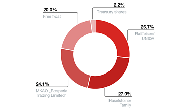Pie chart showing the shareholder structure. In detail, Raiffeisen/UNIQA holds 26.7%, the Haselsteiner family 27.0% and MKAO 