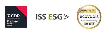 Graphic of the badges of the current ESG ratings by CDP and Sustainalytics EcoVadis