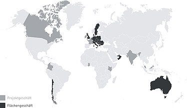 Übersichtskarte der weltweiten STRABAG Niederlassungen, inklusive flächendeckender und projektbezogener Standorte