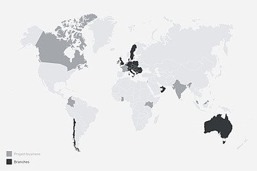 Overview map of STRABAG branches worldwide, including area-wide and project-related locations