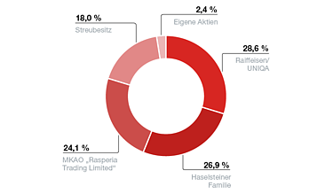 Kreisdiagramm, welches die Aktionärsstruktur zeigt. Im Detail halten Raiffeisen/UNIQA 28,6 %, die Familie Haselsteiner 26,9% und MKAO „Rasperia Trading Limited“ 24,1 %. 18,0 % befinden sich im Streubesitz, 2,4% werden als eigene Aktien gehalten. 