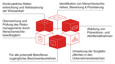 Das Social Compliance Management-System als Prozessbeschreibung bestehend aus sechs Elementen Grafik des Social Compliance Management-System bestehend aus sechs Elementen