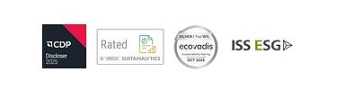 Grafik der Badges der aktuellen ESG-Ratings durch CDP und Sustainalytics und EcoVadis