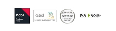 Graphic of the badges of the current ESG ratings by CDP and Sustainalytics EcoVadis