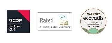 Grafik der Badges der aktuellen ESG-Ratings durch CDP und Sustainalytics und EcoVadis