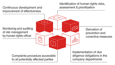 The Social Compliance Management System as a process description consisting of six elements Graphic of the Social Compliance Management System consisting of six elements