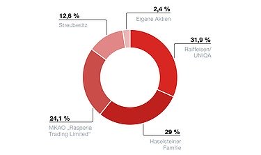 STRABAG Aktionärsstruktur Kreisdiagramm, welches die Aktionärsstruktur zeigt. Im Detail halten Raiffeisen/UNIQA 31,9 %, die Familie Haselsteiner 29% und MKAO „Rasperia Trading Limited“ 24,1 %. 12,6% befinden sich im Streubesitz, 2,4% werden als eigene Aktien gehalten.