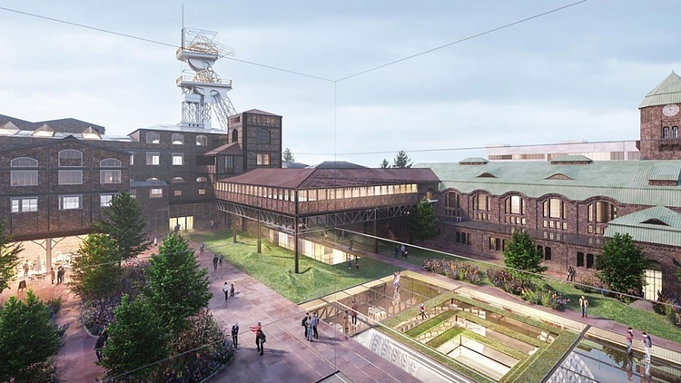 Rendering of revitalised coal mine as technology hub in Katowice, Poland
