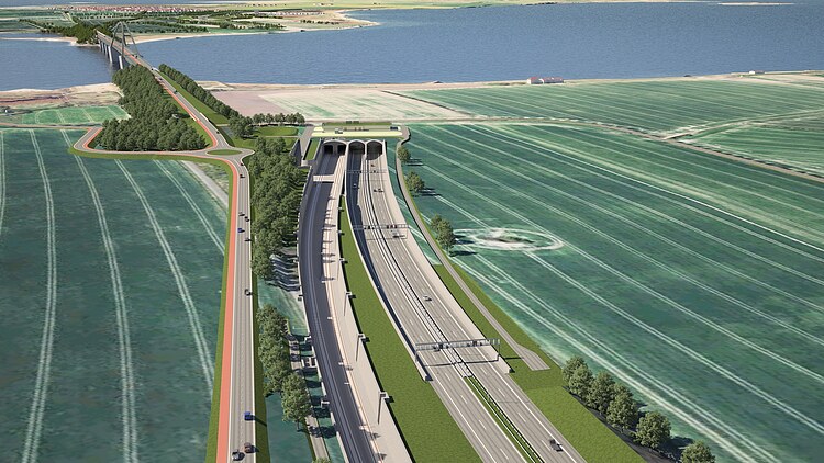 Rendering: Luftansicht der Fehmarnsundquerung