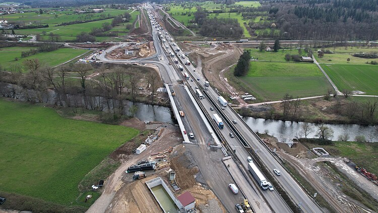 Aerial view of construction work on the Enztal crossing in Germany