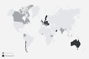 Übersichtskarte der weltweiten STRABAG Niederlassungen, inklusive flächendeckender und projektbezogener Standorte