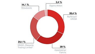 STRABAG Aktionärsstruktur Kreisdiagramm, welches die Aktionärsstruktur zeigt. Im Detail halten Raiffeisen/UNIQA 30,4 %, die Familie Haselsteiner 29% und MKAO „Rasperia Trading Limited“ 24,1 %. 14,1% befinden sich im Streubesitz, 2,4% werden als eigene Aktien gehalten.