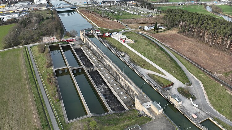 Aerial view of Kriegenbrunn lock in Erlangen, Germany