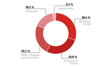 Kreisdiagramm, welches die Aktionärsstruktur zeigt. Im Detail halten Raiffeisen/UNIQA 30,4 %, die Familie Haselsteiner 26,9% und MKAO „Rasperia Trading Limited“ 24,1 %. 16,2% befinden sich im Streubesitz, 2,4% werden als eigene Aktien gehalten. 