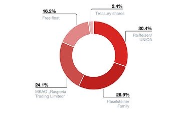 STRABAG shareholder structure Pie chart showing the shareholder structure. In detail, Raiffeisen/UNIQA holds 30.4%, the Haselsteiner family 26.9% and MKAO