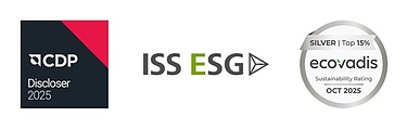 Grafik der Badges der aktuellen ESG-Ratings durch CDP und Sustainalytics und EcoVadis