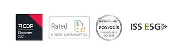 Graphic of the badges of the current ESG ratings by CDP and Sustainalytics EcoVadis