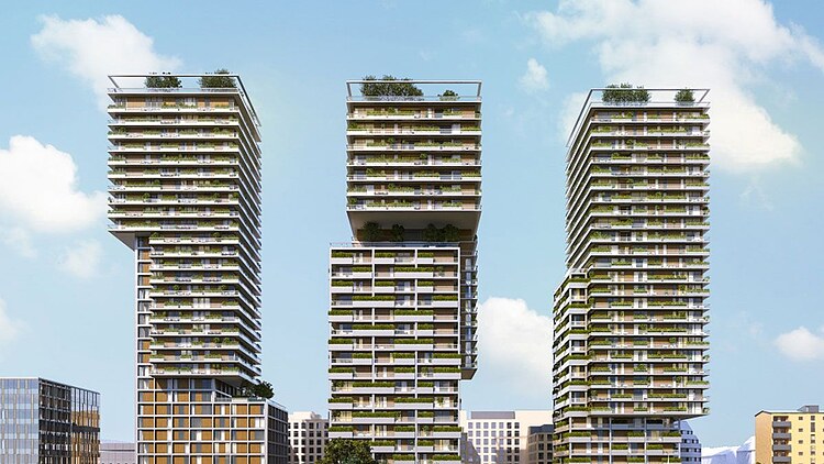 Visualization of the “Triiiple” high-rise complex with three residential towers