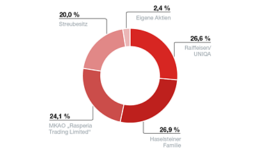 Kreisdiagramm, welches die Aktionärsstruktur zeigt. Im Detail halten Raiffeisen/UNIQA 26,6 %, die Familie Haselsteiner 26,9% und MKAO „Rasperia Trading Limited“ 24,1 %. 20,0 % befinden sich im Streubesitz, 2,4% werden als eigene Aktien gehalten. 