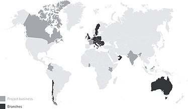 Overview map of STRABAG branches worldwide, including area-wide and project-related locations
